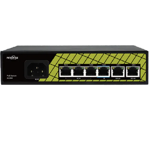 A PoE switch made by Petawise that supports fast ethernet and PoE. This switch has four ports for power and two for uplink.