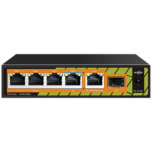 A Petawise brand PoE switch with four PoE+ ports and 1 RJ45 Uplink, as well as one SFP uplink.