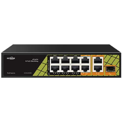 An eight port PoE switch made by Petawise with two RJ45 uplink ports and one SFP uplink port