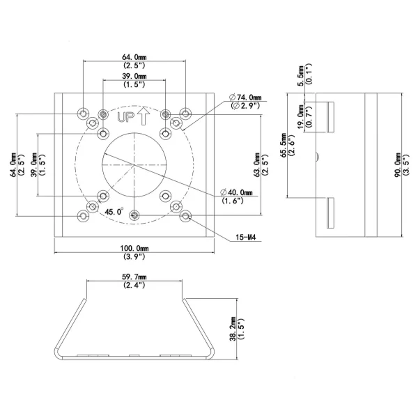 A diagram showing the dimensions of Uniview's TR-UP06-B-IN pole mount bracket