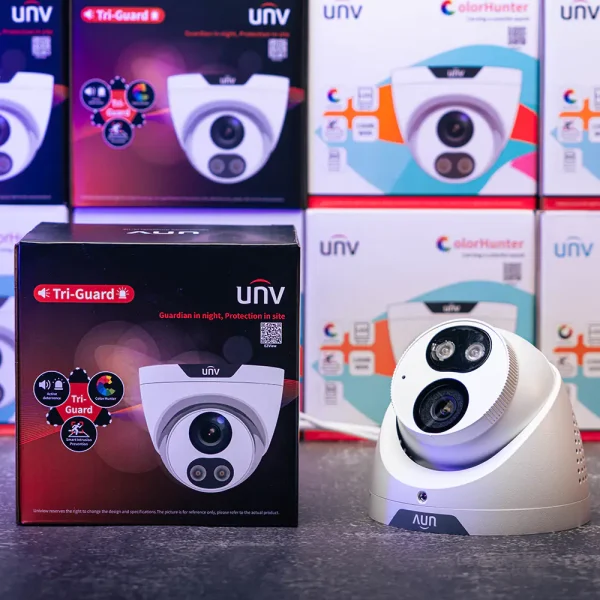 Uniview 5MP Tri-Guard camera on a table with the retail box beside it