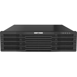 Large 128ch Uniview NVR with black front panel, supports 16 hard drives