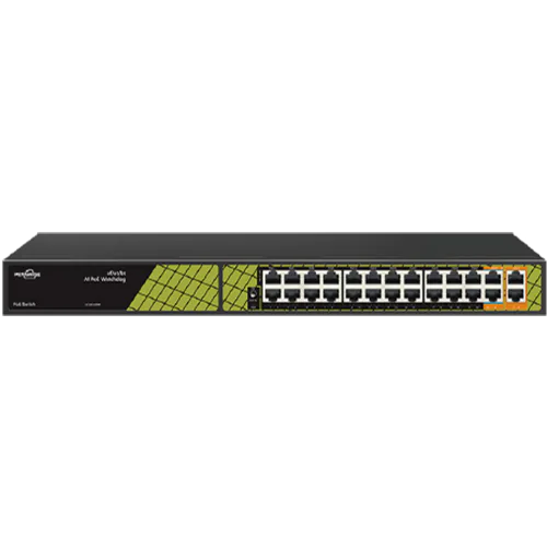 A twenty-fort port PoE switch made by Petawise with two RJ45 uplink ports