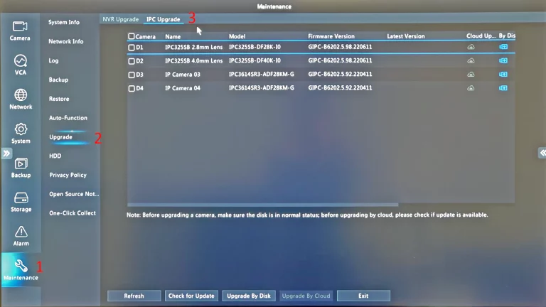 Uniview Local NVR Interface Snapshot Interface Maintenance Menu IPC Upgrade