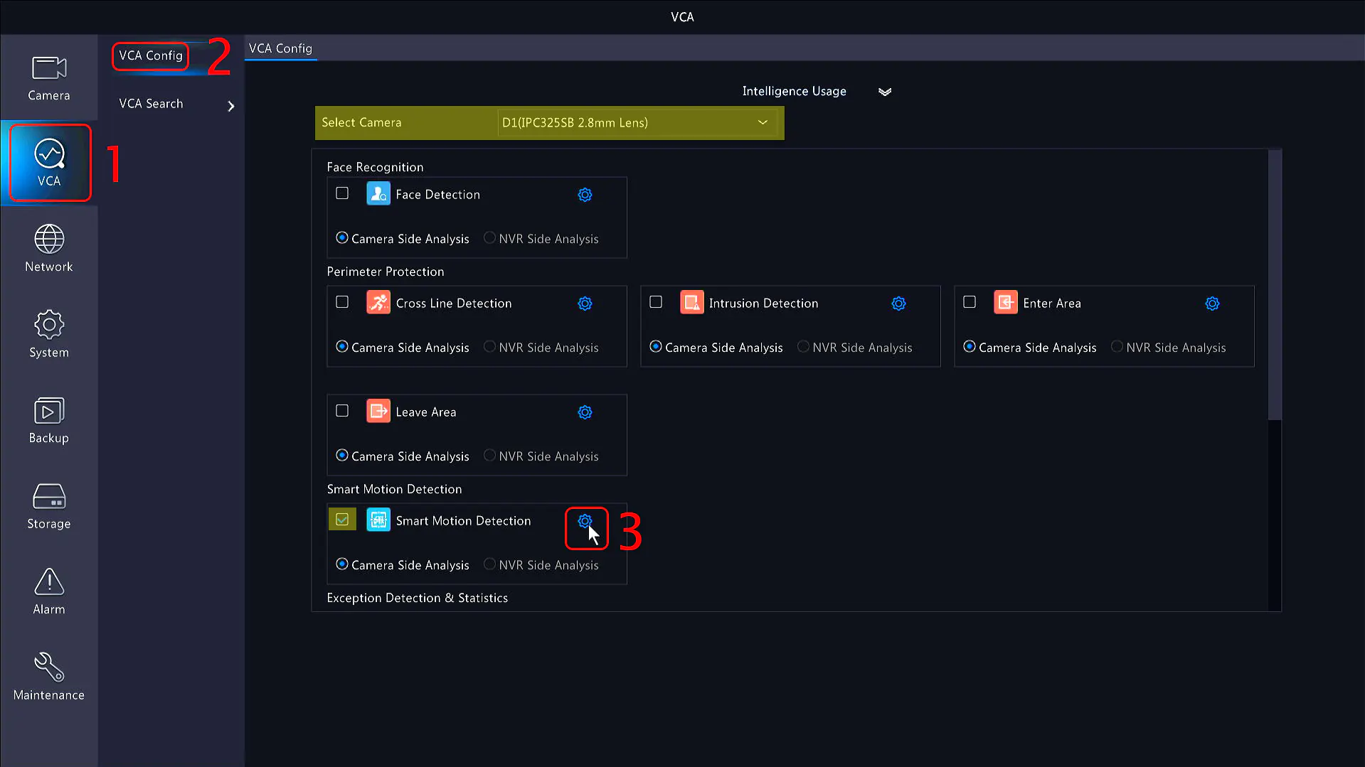 (1) Navigate to VCA -> VCA Config -> Smart Motion Detection to adjust the UMD settings for your camera. Don't forget to check the box to enable it!