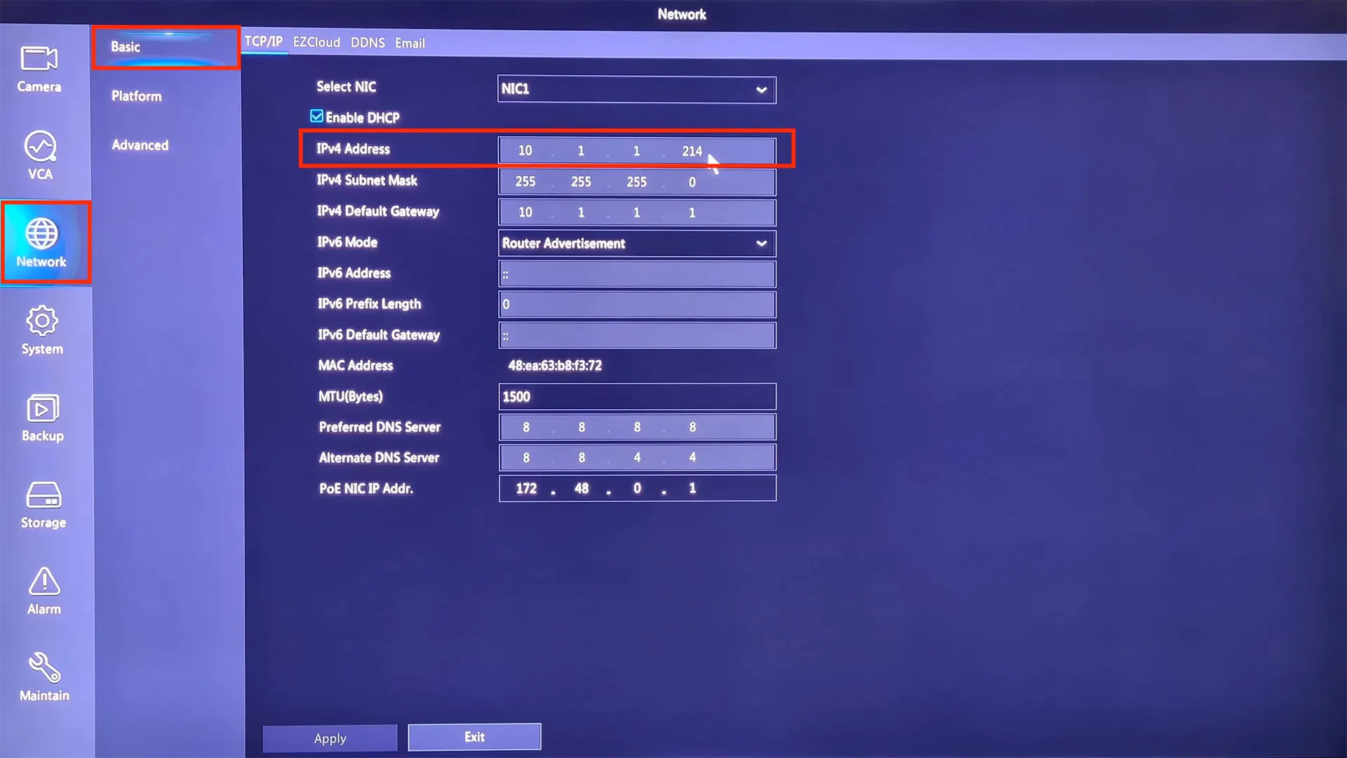 Uniview local NVR network settings from monitor