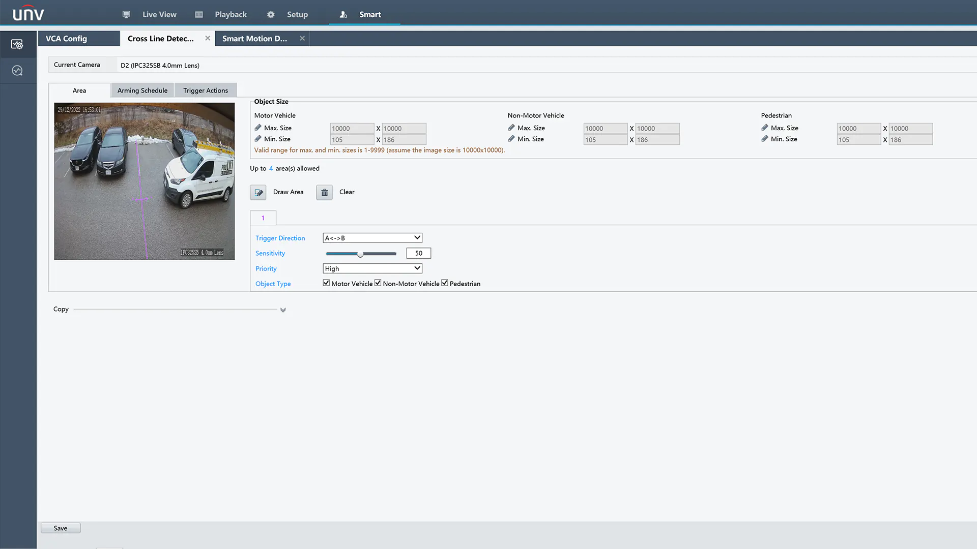 Uniview configuration for smart intrusion prevention, showing a vehicle in a parking lot with options for area, arming schedule, and trigger actions