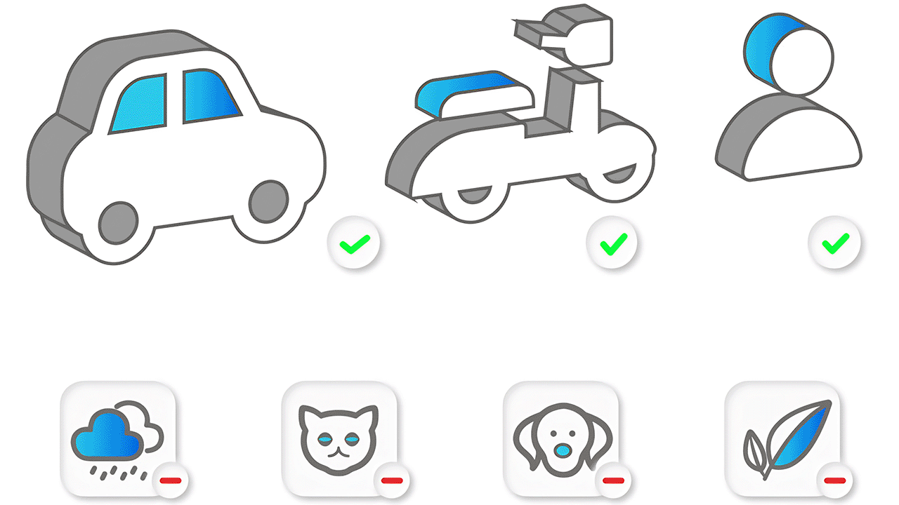 Uniview Ultra Motion Detection Pictogram Showing Cars Bikes and People with a green checkmark. Rain, cats, dogs, and leaves have a red minus beside them.