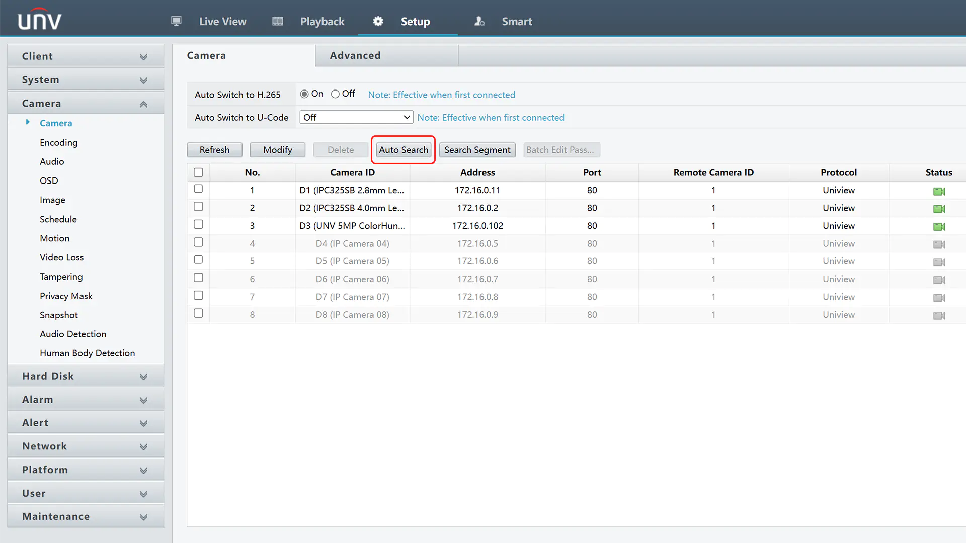 Uniview web interface camera settings