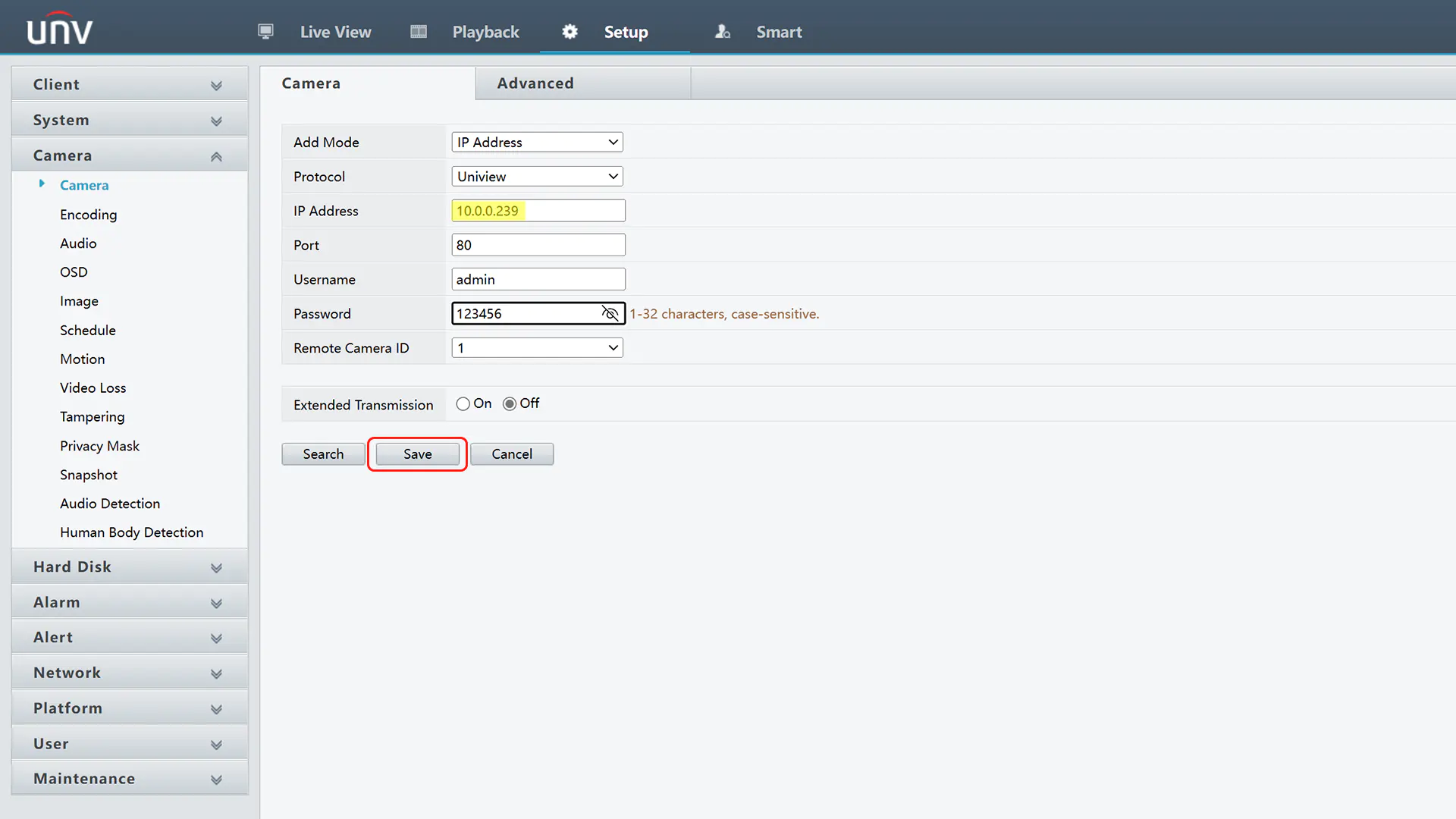 Step 4 - Enter the IP address and password of the camera you are adding to the NVR. Click save to finish adding