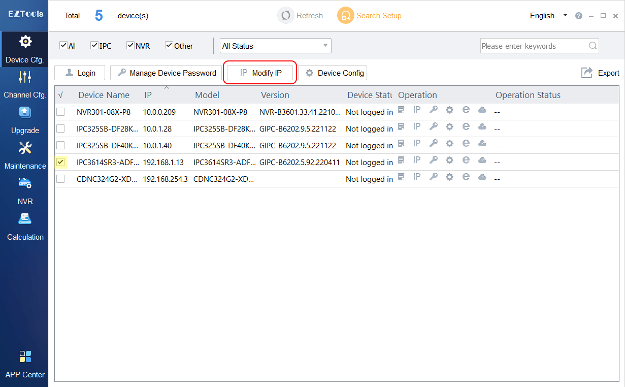 (1) Select the Uniview camera you will be adding to the Hikvision NVR and click "Modify IP" at the top.