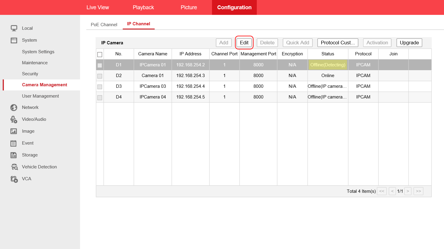 Hikvision web interface editing a channel in camera management