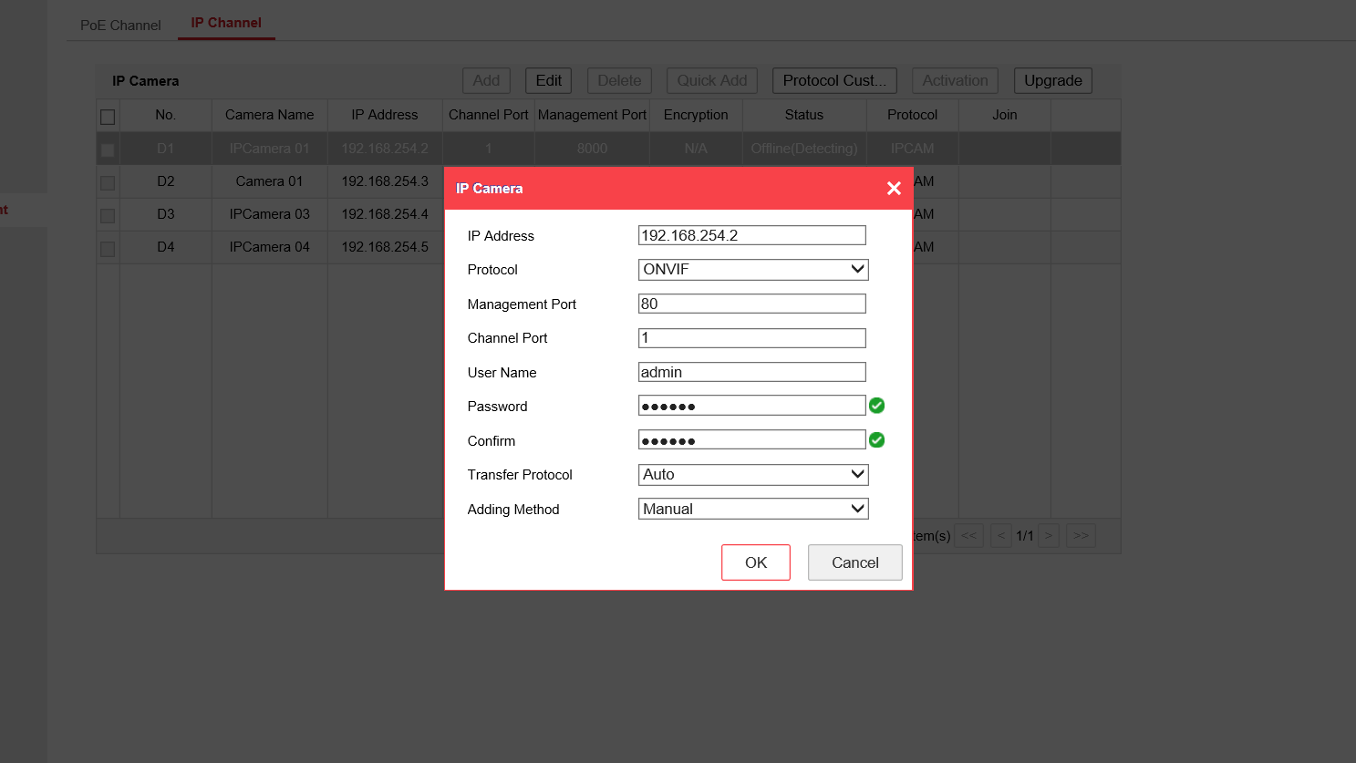Hikvision camera settings menu for adding a new camera