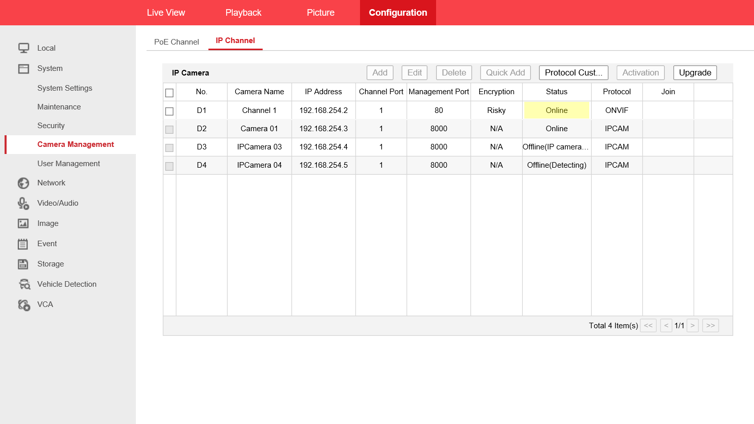 Hikvision menu showing camera online