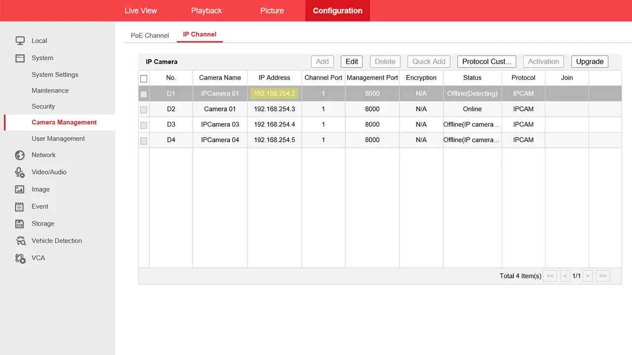 Hikvision NVR web interface showing camera management menu