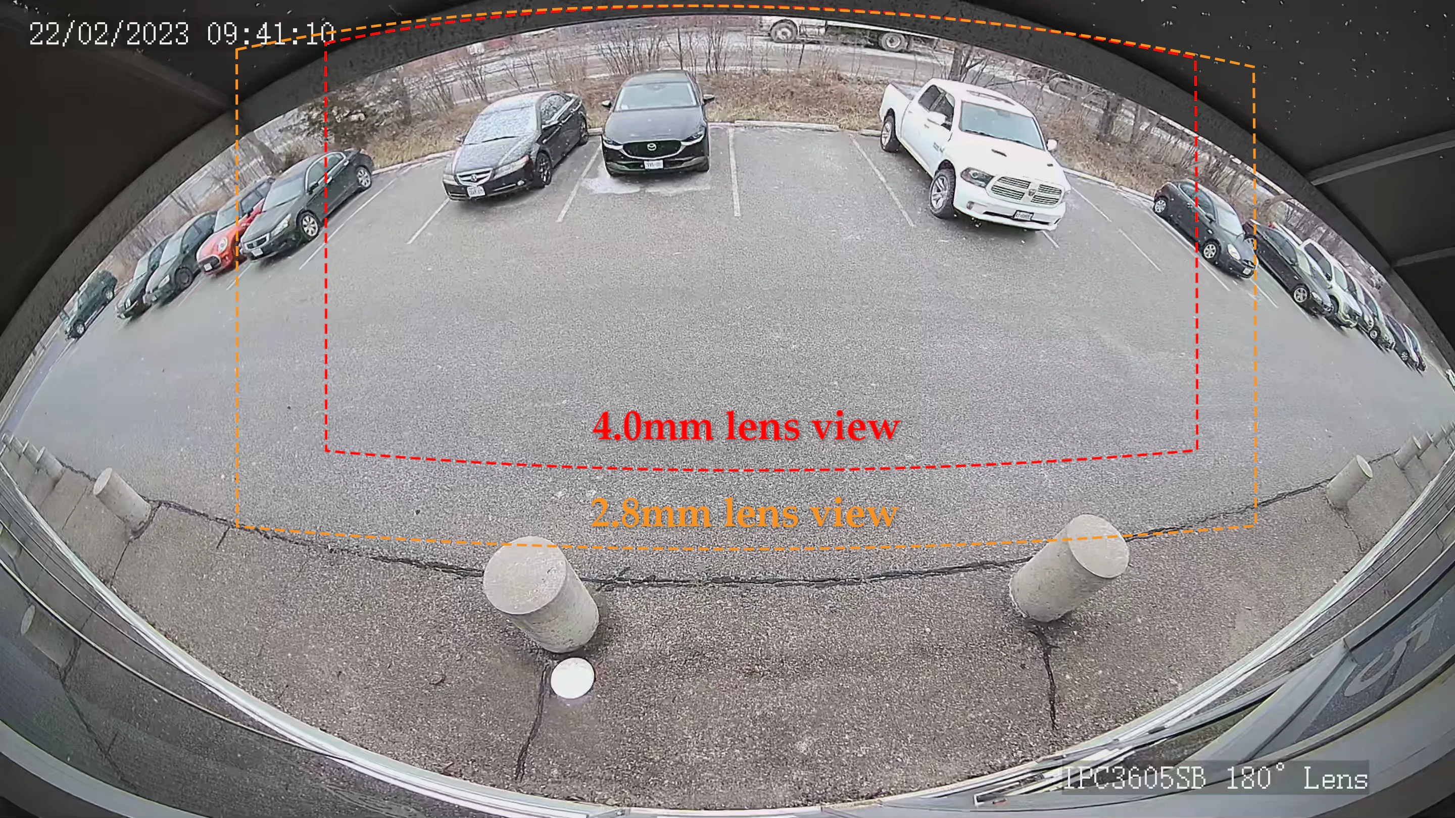 Uniview 180° camera snapshot of a parking lot, with overlay showing 2.8mm and 4.0mm lens views which are comparatively smaller