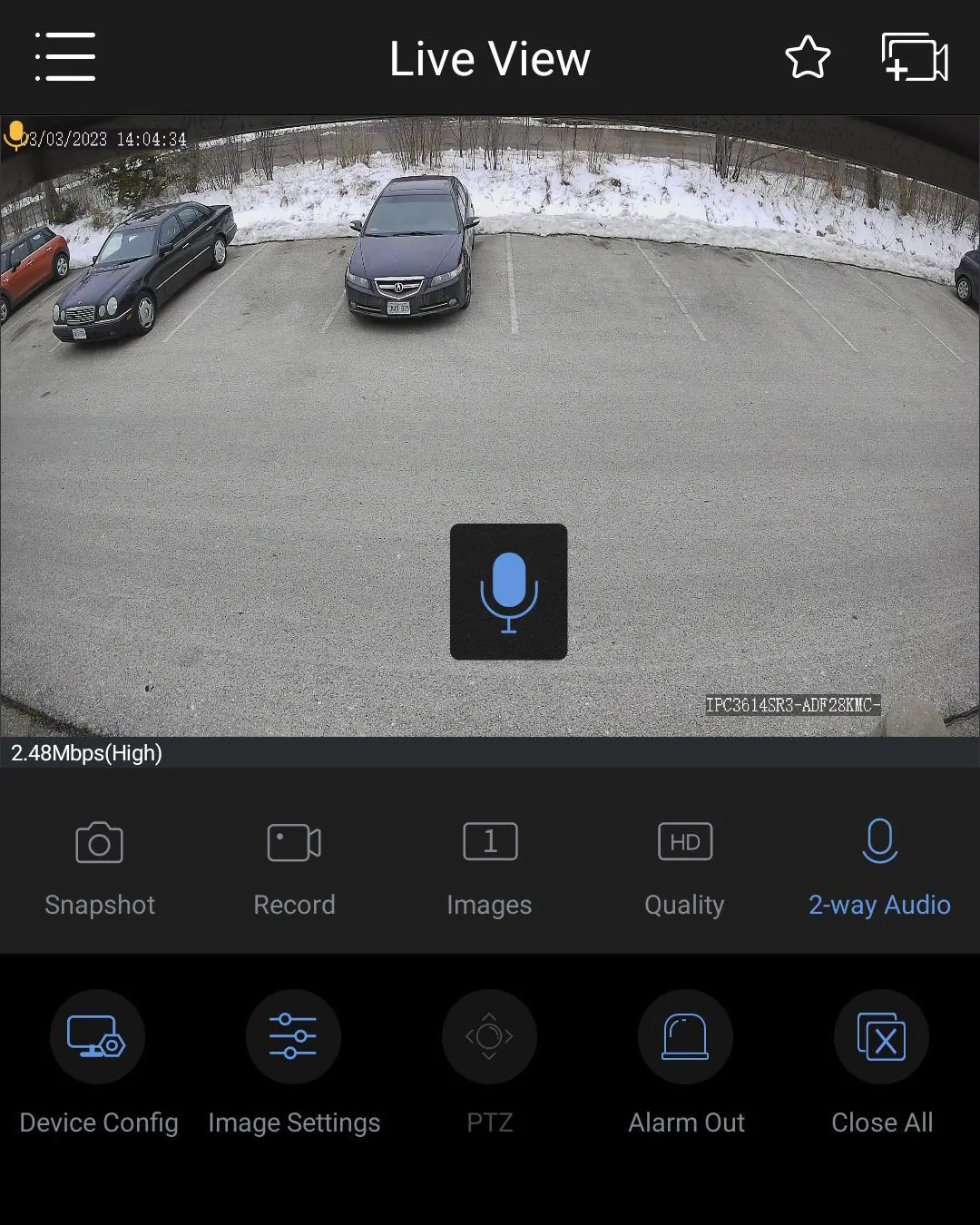 EZView App on smartphone showing two-way audio feature being used