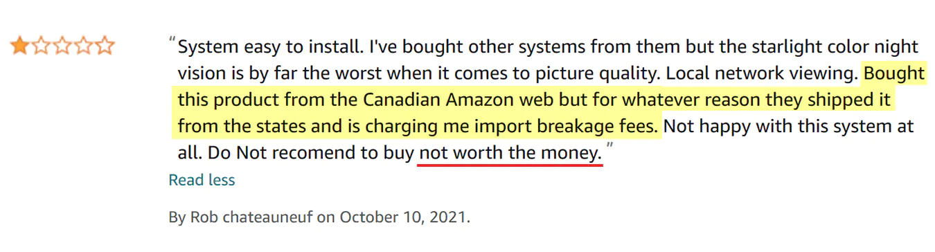 Amazon review talking about negative shipping experience due to being charged import fees