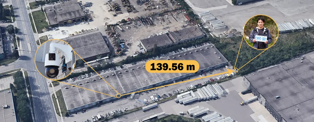 A satellite view of a warehouse with a line showing a distance of 139.56m between a security camera and a person holding a license plate
