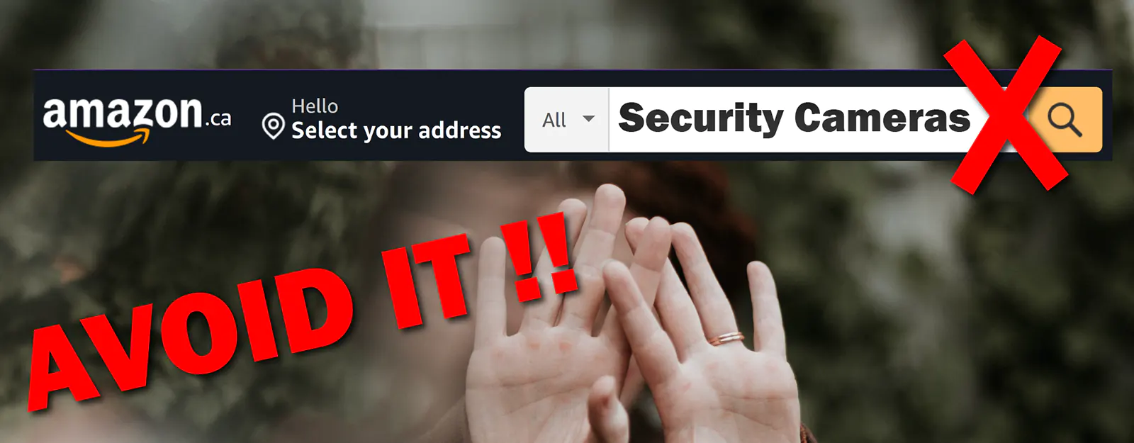 A pair of hands in a blocking shape, with an amazon store page in the background