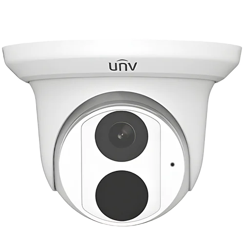 A security camera with two black circles oriented vertically, with a small black hole for a microphone. UNV branded at the top.