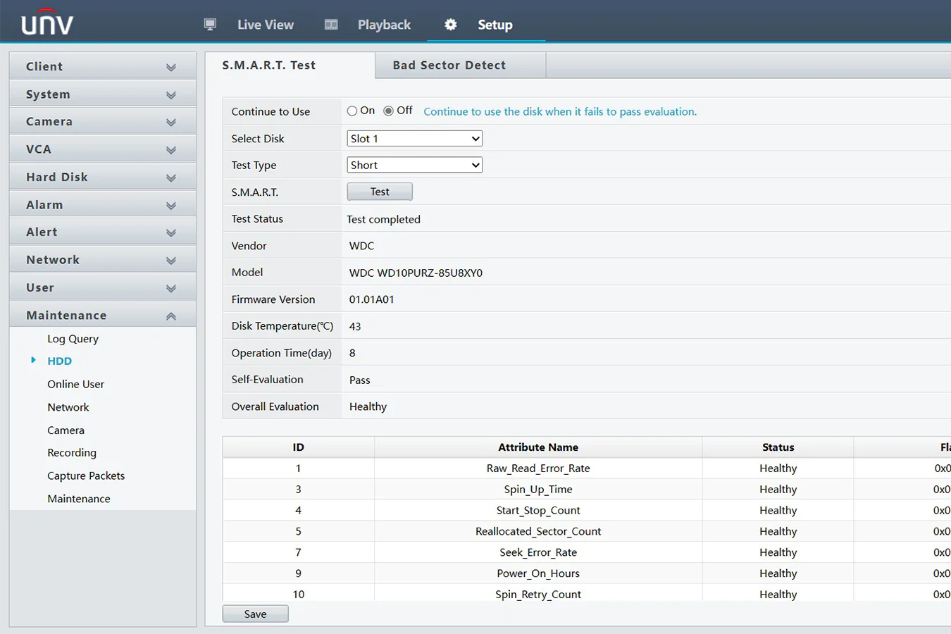 Hard drive testing menu for Uniview NVR showing the health of the drive