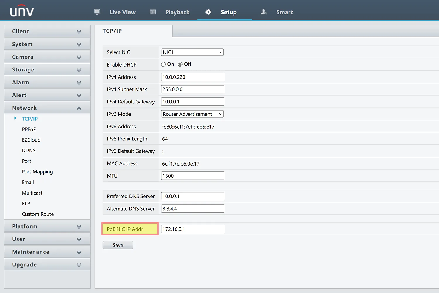 Uniview web interface for IP network settings