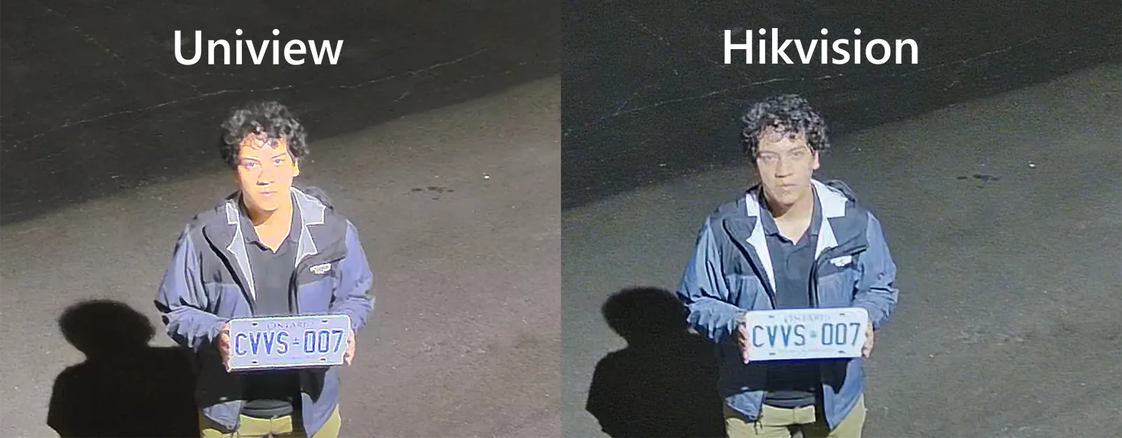 Two images side-by-side of a person in a grey jacket holding a license plate standing on a road at night