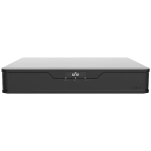 A Uniview DVR as seen from the front, with the white UNV logo and three LED indicators lights for RUN, NET and HDD