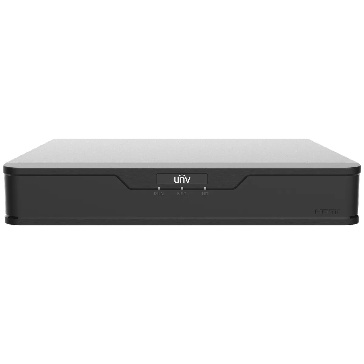 A Uniview DVR as seen from the front, with the white UNV logo and three LED indicators lights for RUN, NET and HDD