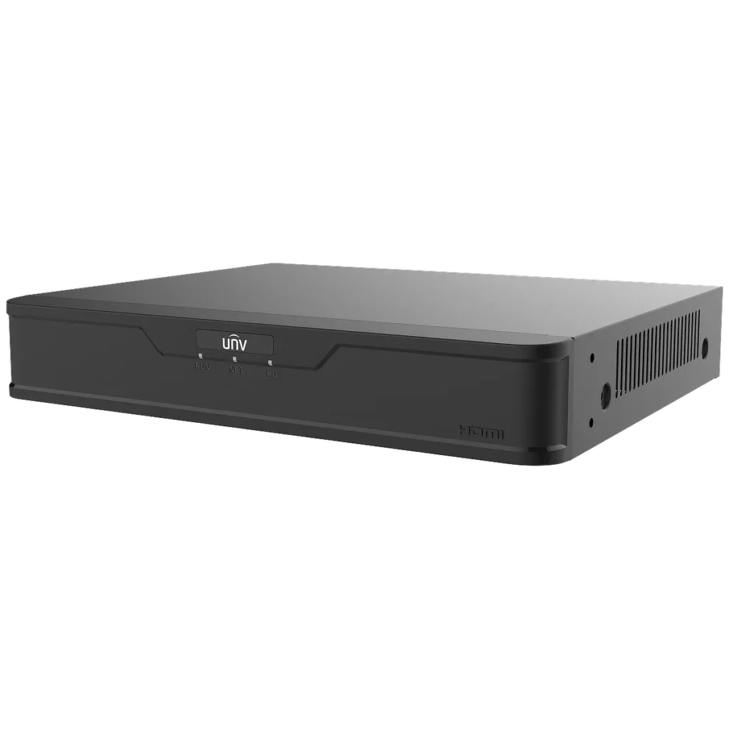 A Uniview DVR, as seen from a slightly front right angle, with the Uniview logo, vertical slots on the right side of the case for airflow, and the UNV logo on the front