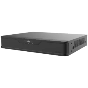 A Uniview DVR, as seen from a slightly front right angle, with the Uniview logo, vertical slots on the right side of the case for airflow, and the UNV logo on the front