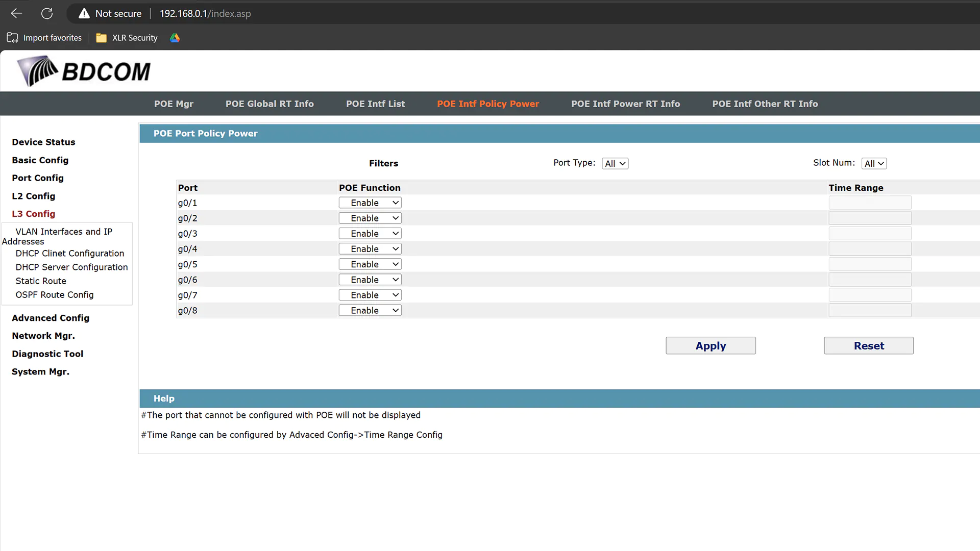 Web interface for BDCOM switch showing a menu with L3 Config features including VLAN, DHCP, and static routing