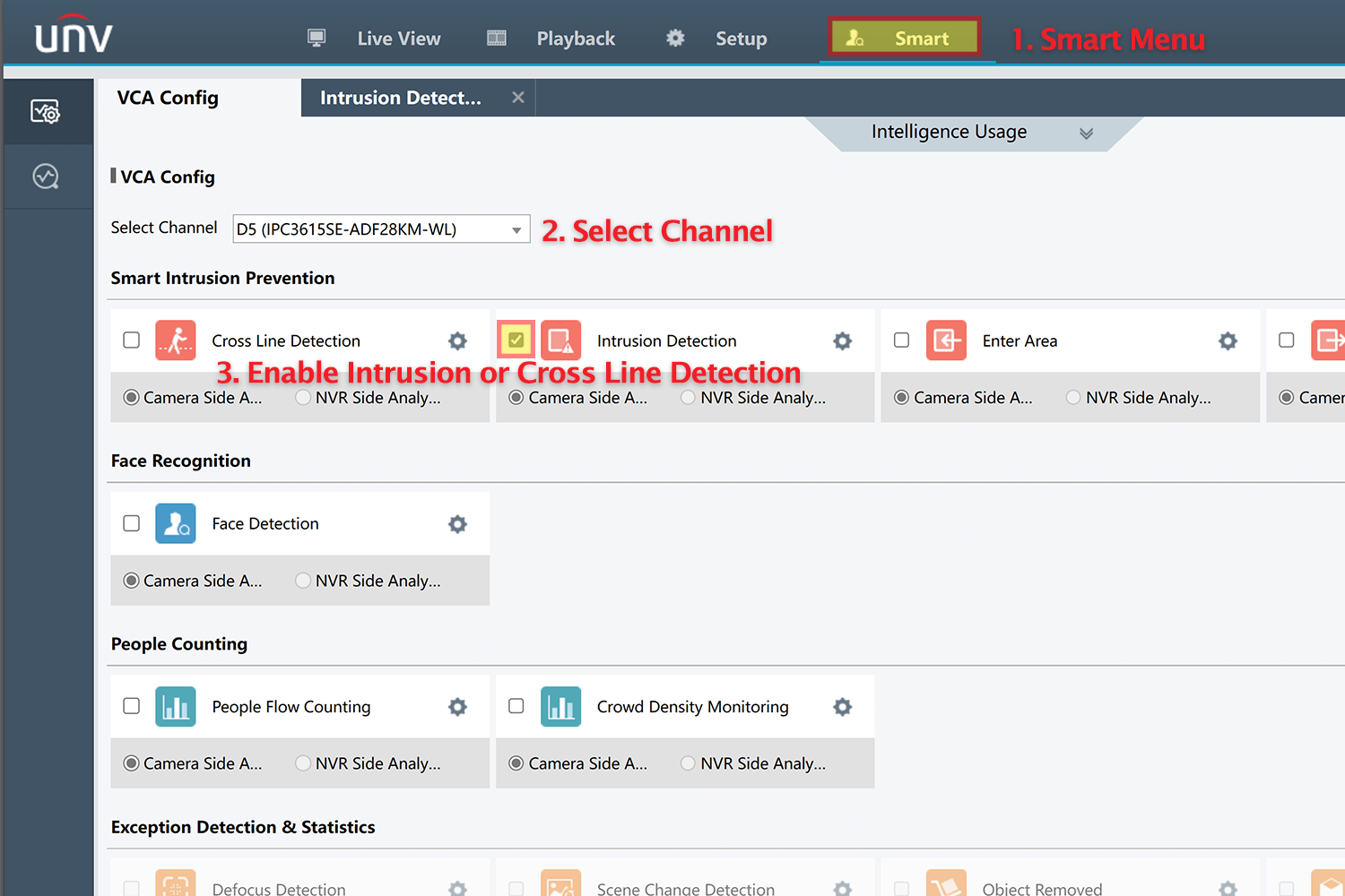 Uniview NVR smart menu with instructions on how to enable colorhunter flashing light