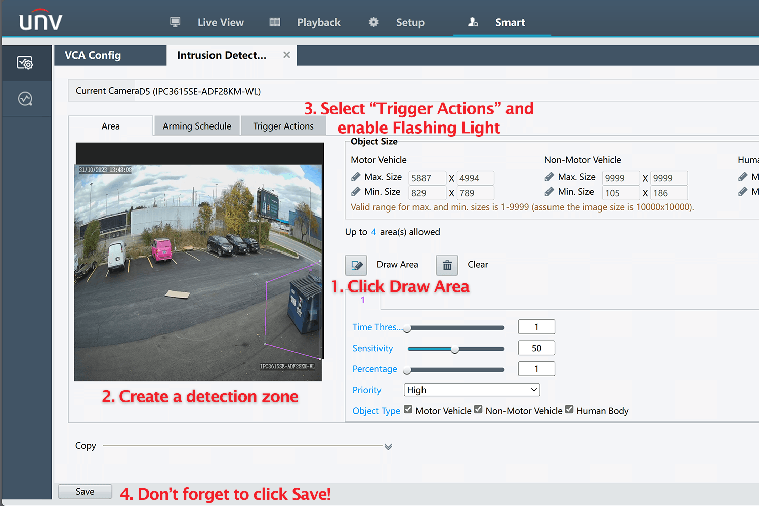 Uniview NVR menu for setting up intrusion detection on ColorHunter camera