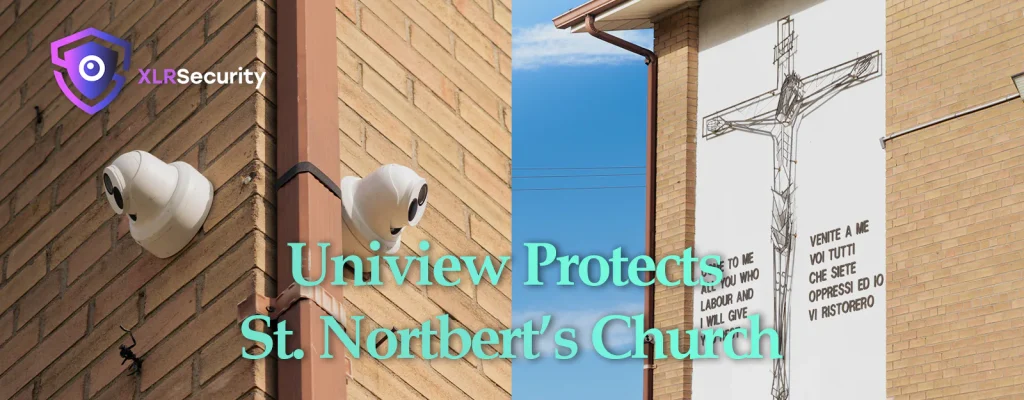 Banner showing two security cameras mounted on a wall, near the front of a church building
