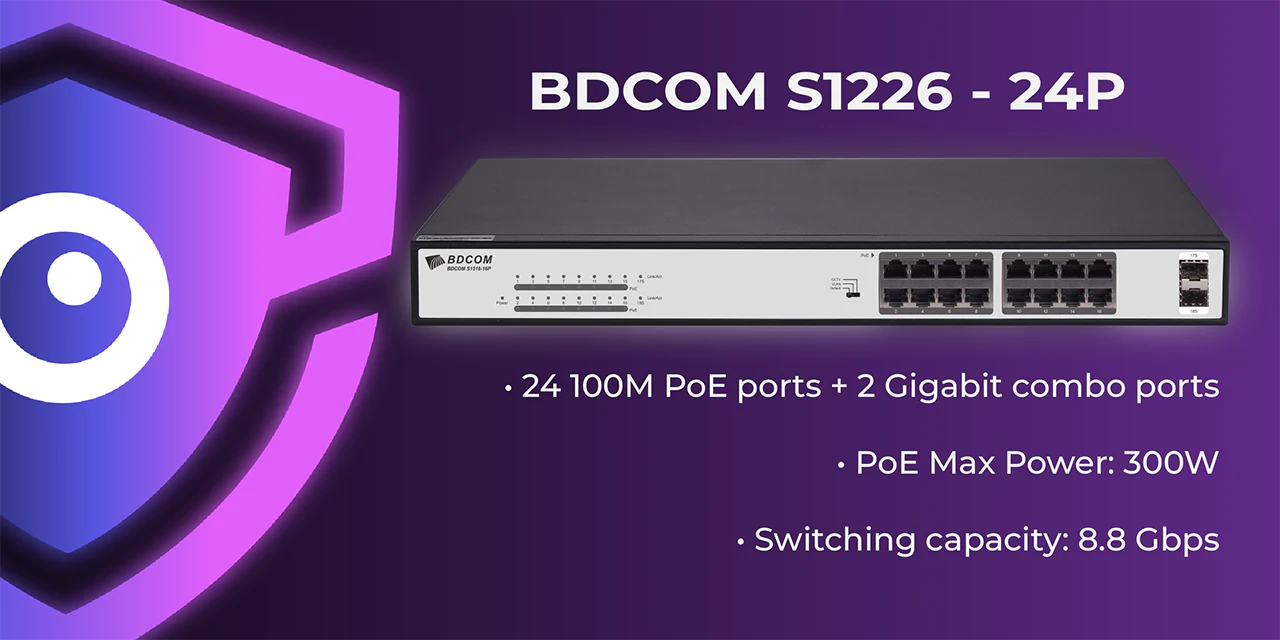 A 24-port PoE switch made by BDCOM, with text below explaining the key features