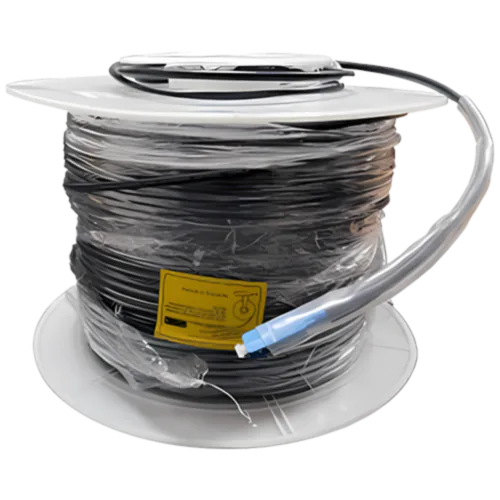 A spool of fiber optic cable wrapped in plastic