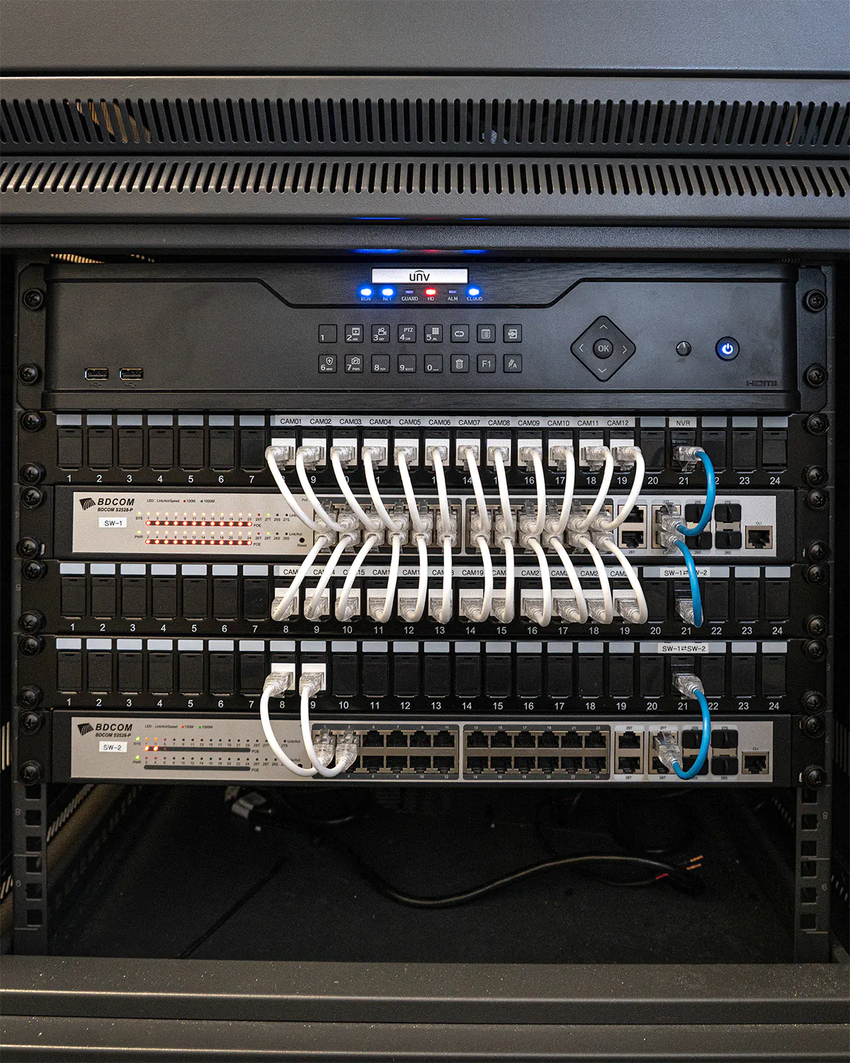 A network rack full of switches, patch panels, and networking cables