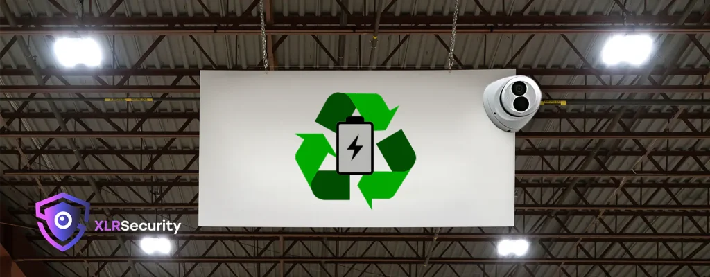 A sign hanging in a warehouse with a recycling logo and a security camera