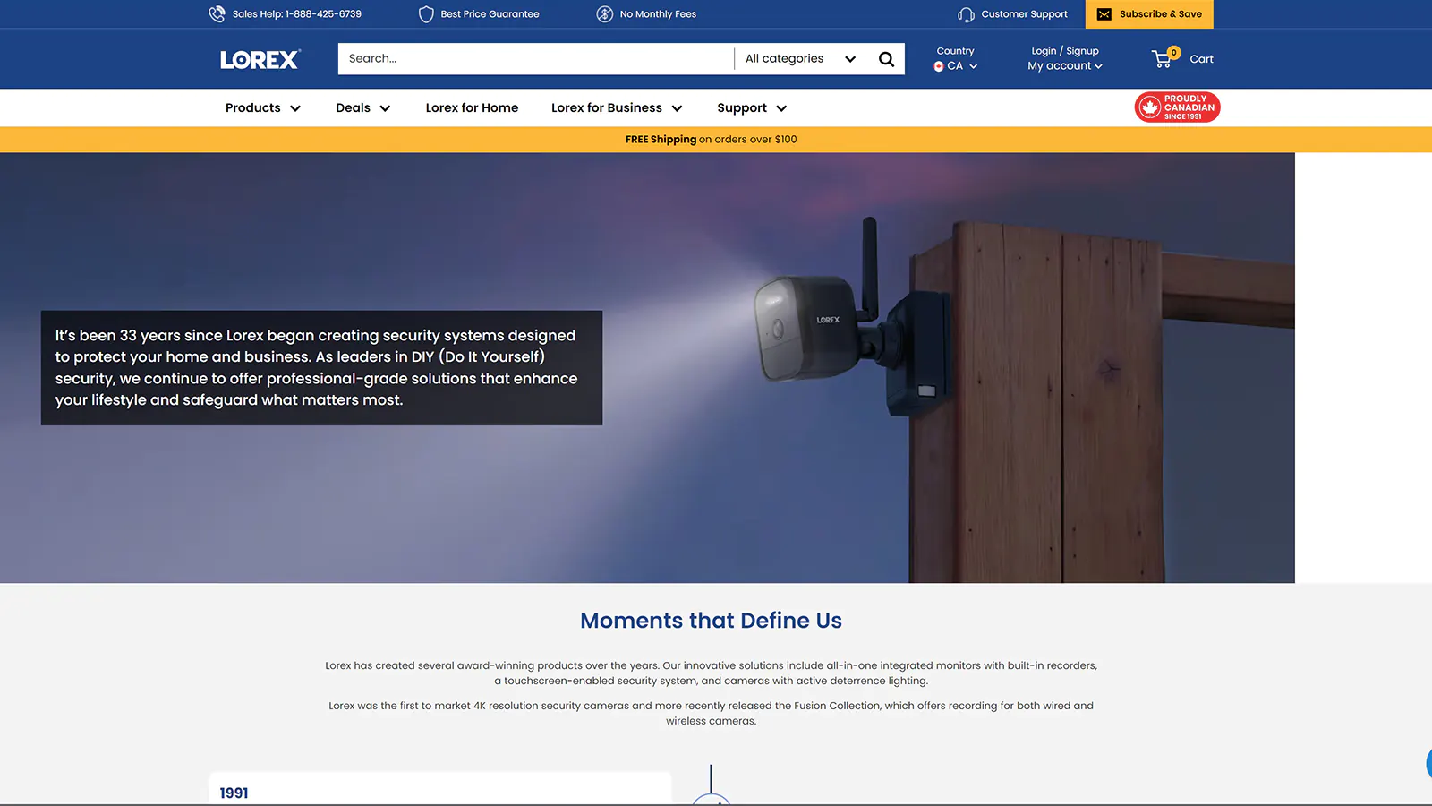 A website for Lorex showing a wireless security camera mounted to a piece of wood.