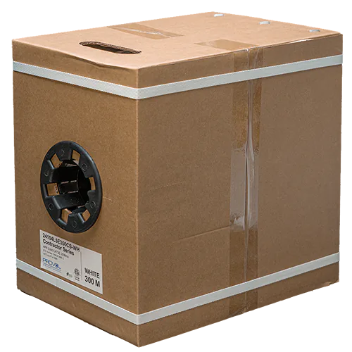 A brown rectangular box that contains a spool of Cat5e ethernet cable inside