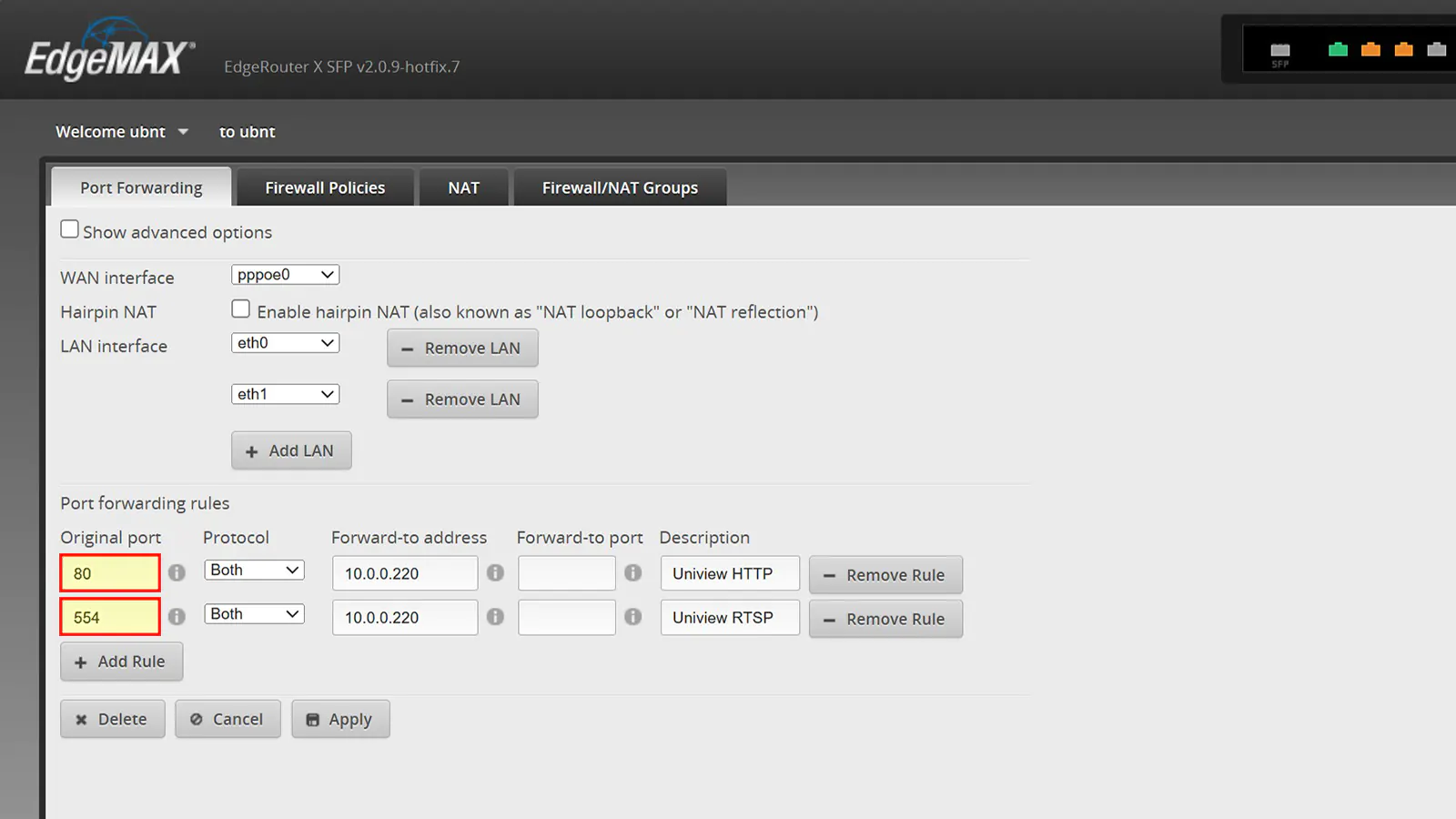 A web interface showing port forwarding settings on a Ubiquiti EdgeMax Router. Ports 80 and 554 have both been forwarded to UP 10.0.0.220