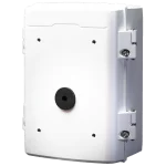A white rectangular metal box with screw holes for mounting a security camera