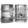 A rectangular metal enclosure that has been opened, revealing a hollow inside with room to store sensitive electronic devices.