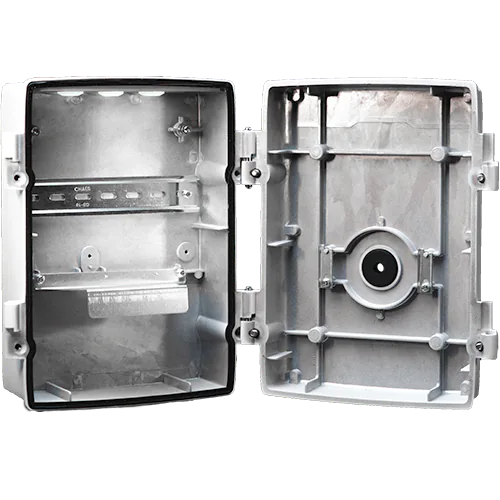A rectangular metal enclosure that has been opened, revealing a hollow inside with room to store sensitive electronic devices.