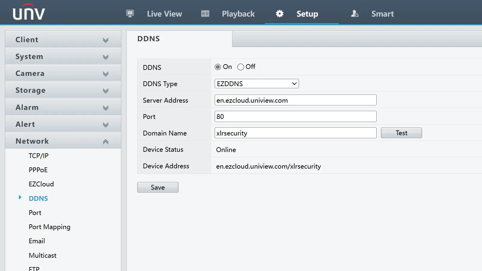 A menu showing the DDNS settings of a Uniview NVR