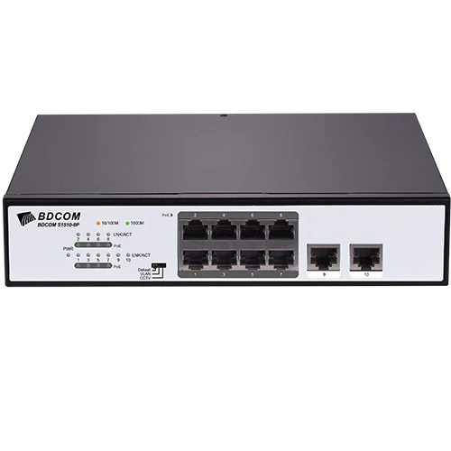 A small network switch with eight PoE+ ports and two uplink ports. The logo BDCOM is visible on the front, as well as a small toggle for Default, VLAN, and CCTV mode.