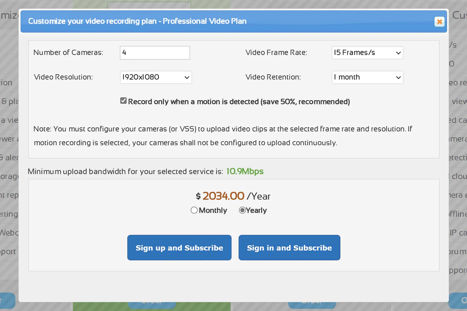 A website showing the cost of cloud storage at 2034 dollars per year for four cameras