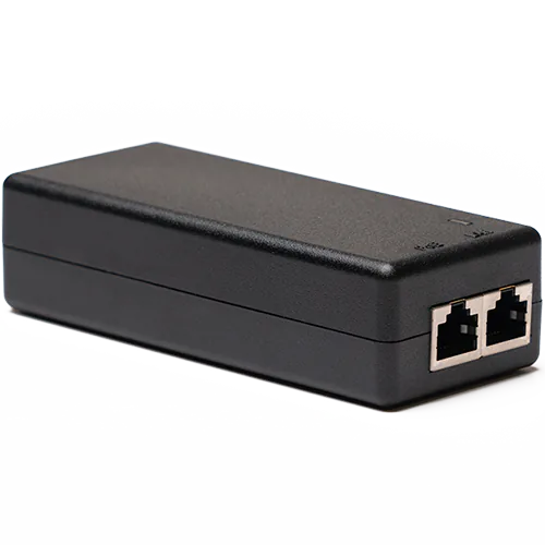 Small black rectangular box with two RJ45 ports, one labeled PoE and the other is labeled LAN
